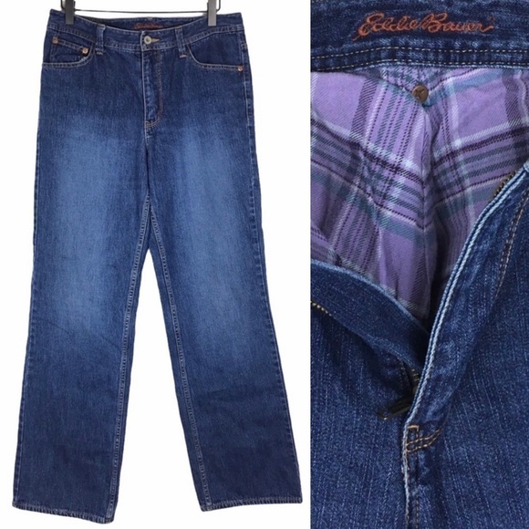 EDDIE BAUER Jeans Flannel Lined Natural Fit High Rise 100% Cotton Purple Plaid 8 - Picture 1 of 14